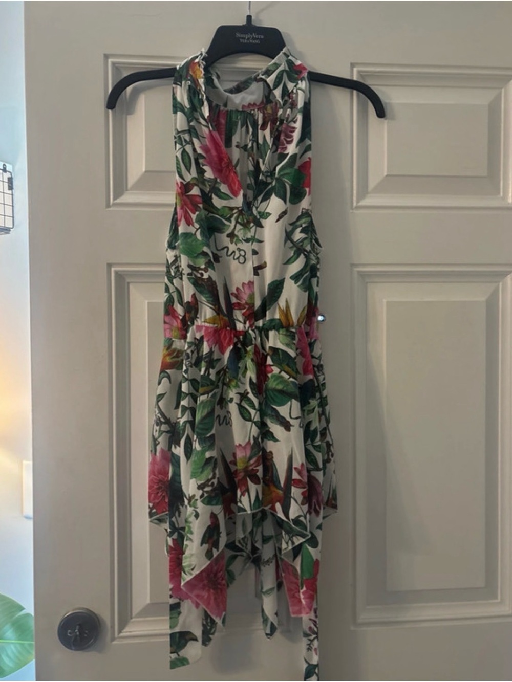 New York & Company White Halter blouse with Pink & Green Floral Print